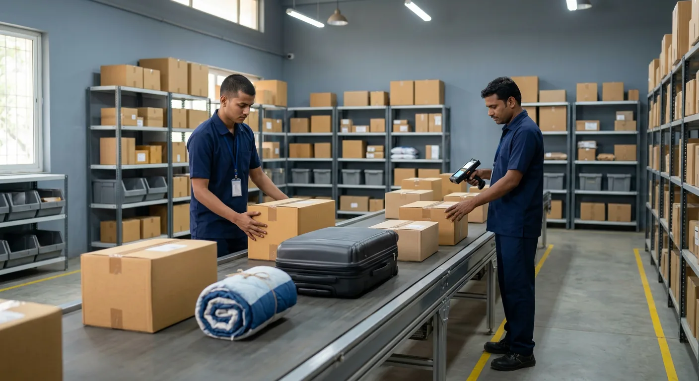 Customer-packed household cartons and luggage moving through a courier sorting and dispatch facility after Neemuch pickup