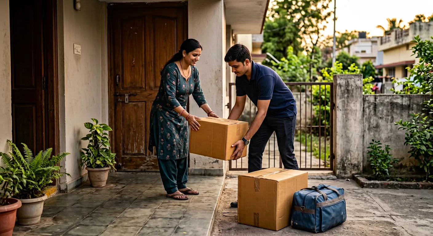 Courier executive collecting customer-packed household cartons and a suitcase from a home entrance in Neemuch