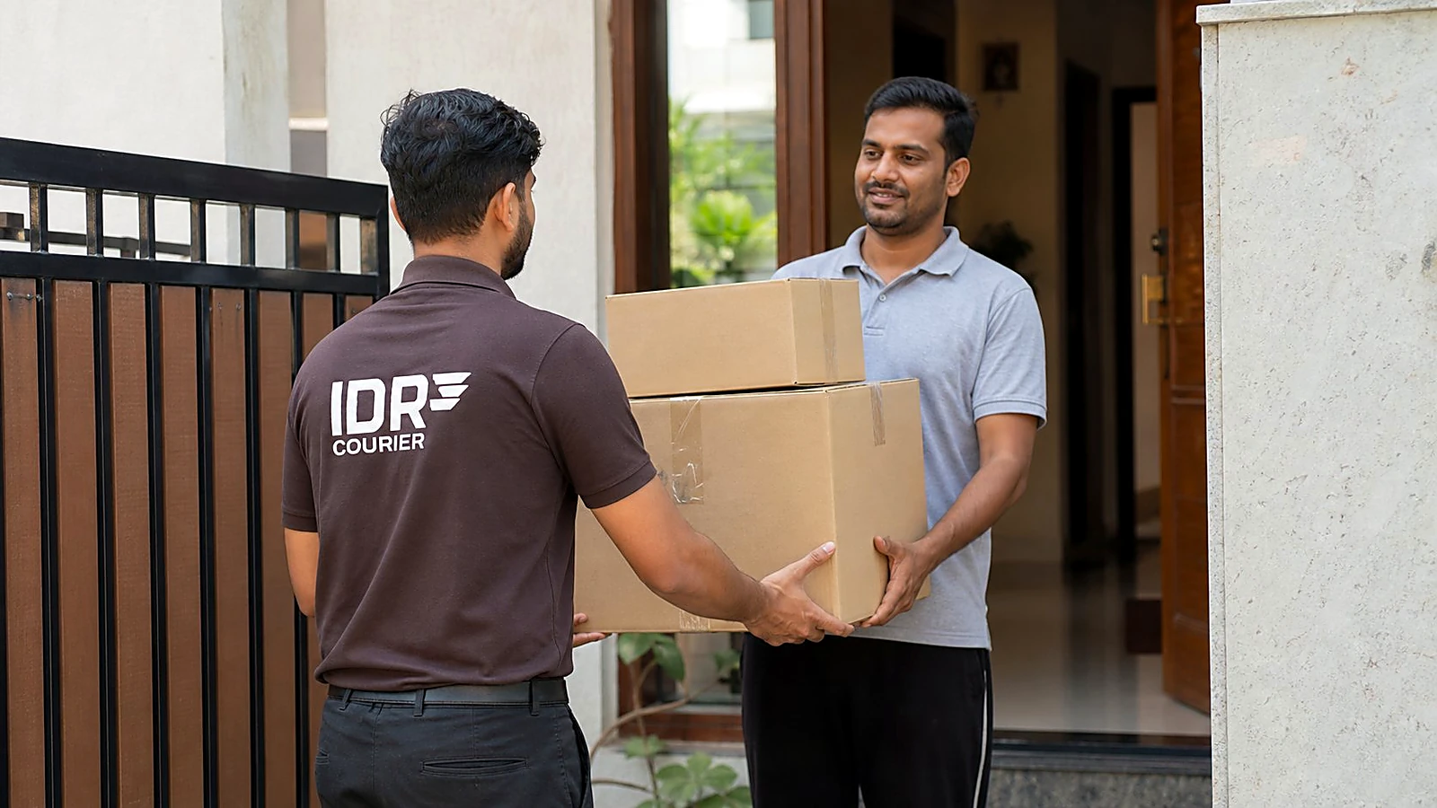 IDR Courier staff delivering household cartons at a residential address in Pune