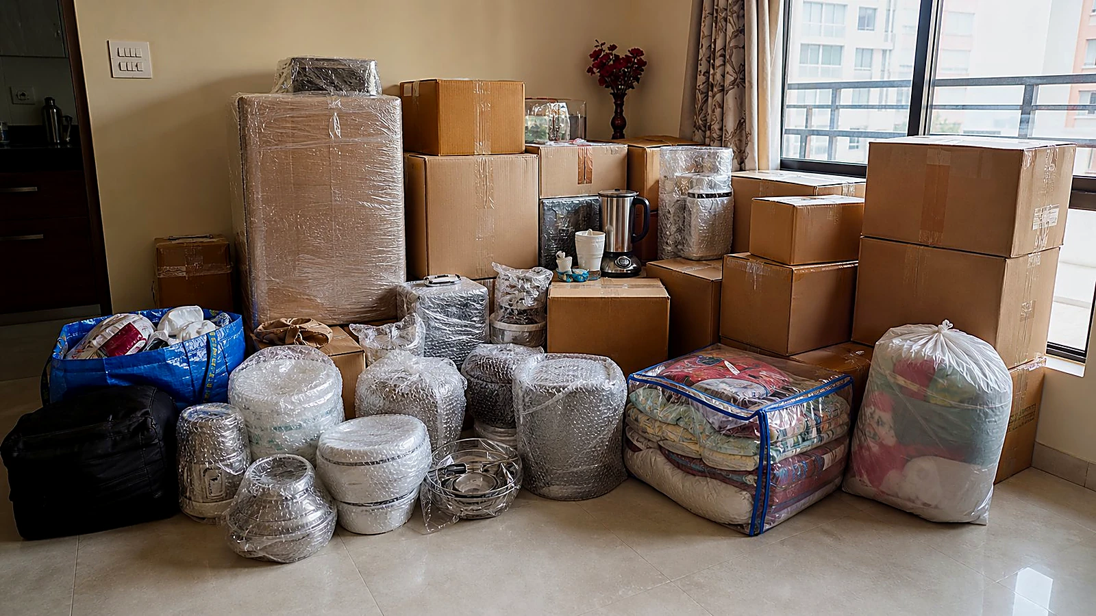 Household shifting boxes packed and ready for courier pickup in Pune