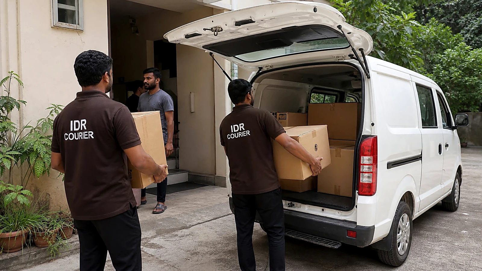 IDR Courier staff receiving household cartons at a doorstep in Pune
