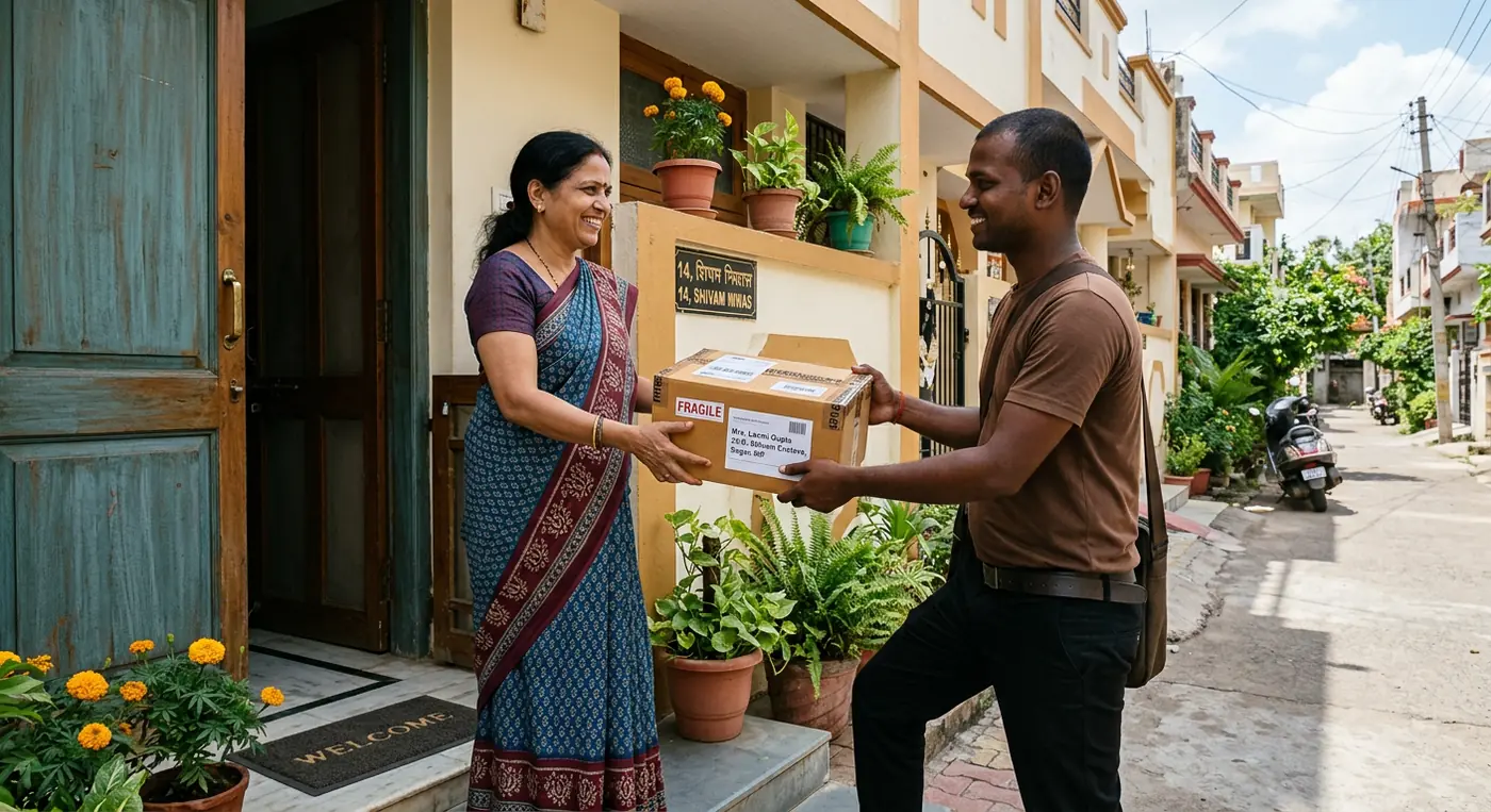 Delivery staff in brown t-shirt safely handing over household shifting carton to resident in Sagar