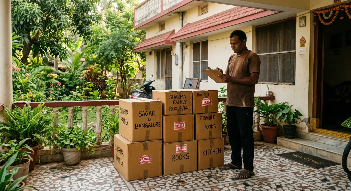 Courier executive in brown t-shirt checking household shifting carton stack outside home in Sagar