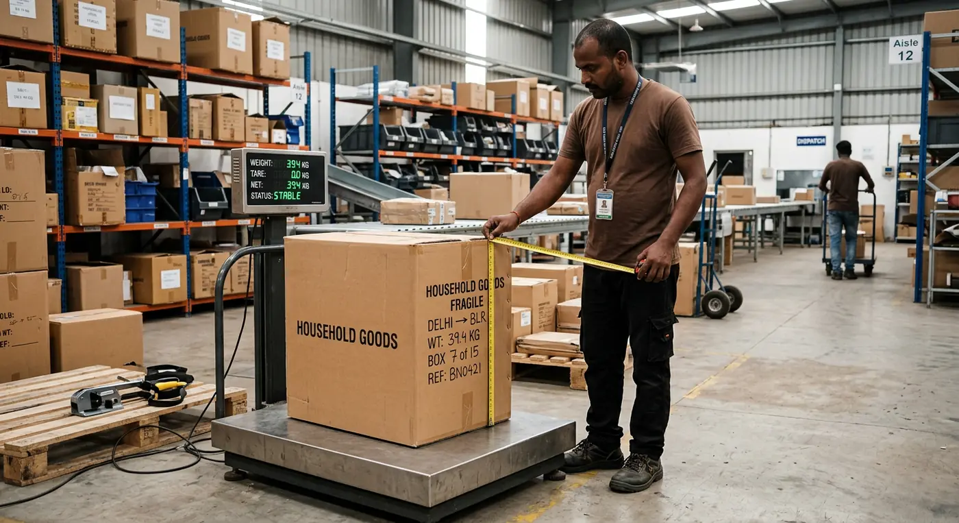 Technician measuring household box dimensions on platform digital scale at IDR Courier hub