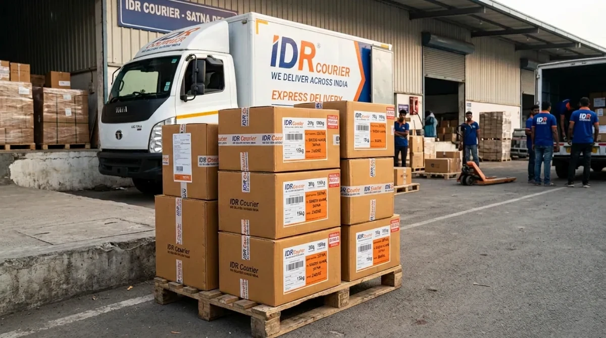 Stacked brown corrugated household parcel cartons ready for courier delivery in Satna
