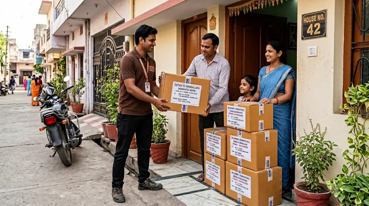 Courier pickup personnel collecting packed household moving cartons from family doorstep in Satna