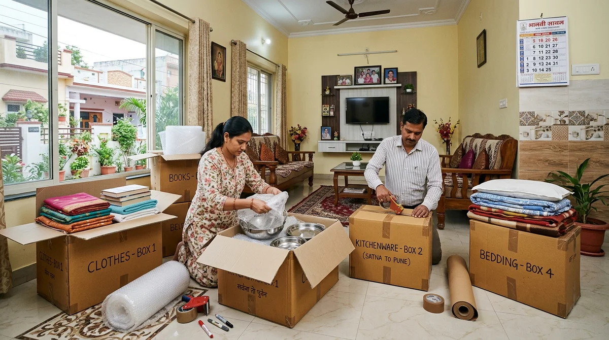 Indian family packing household clothing, books, and kitchen utensils into cardboard cartons in Satna
