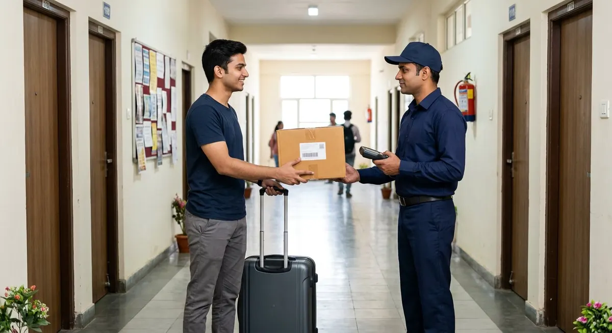 Student handing over suitcase and box to courier executive in Ujjain hostel