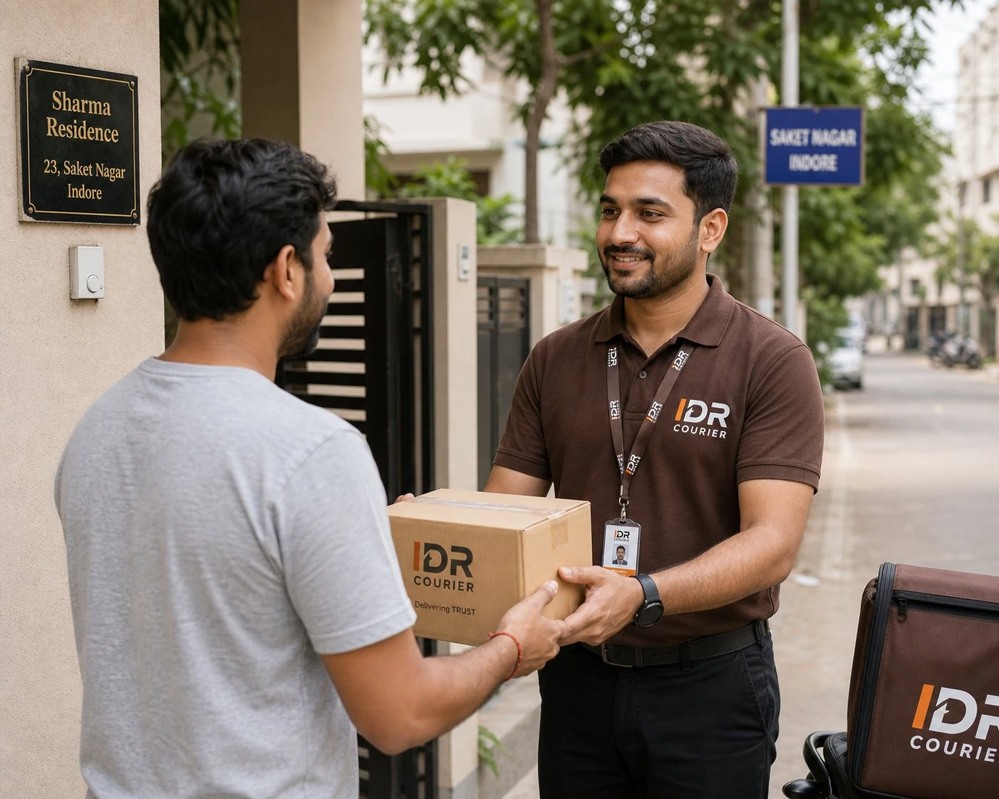 IDR Courier delivery staff in black pant brown t-shirt delivering household boxes at doorstep