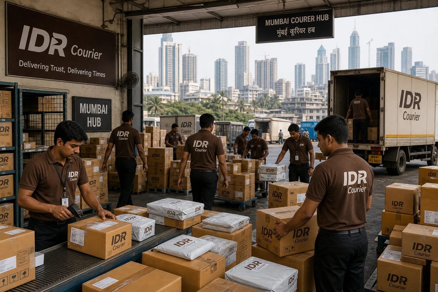 Various household items handled by IDR Courier staff in black pant brown t-shirt - kitchenware, clothes, books, small appliances