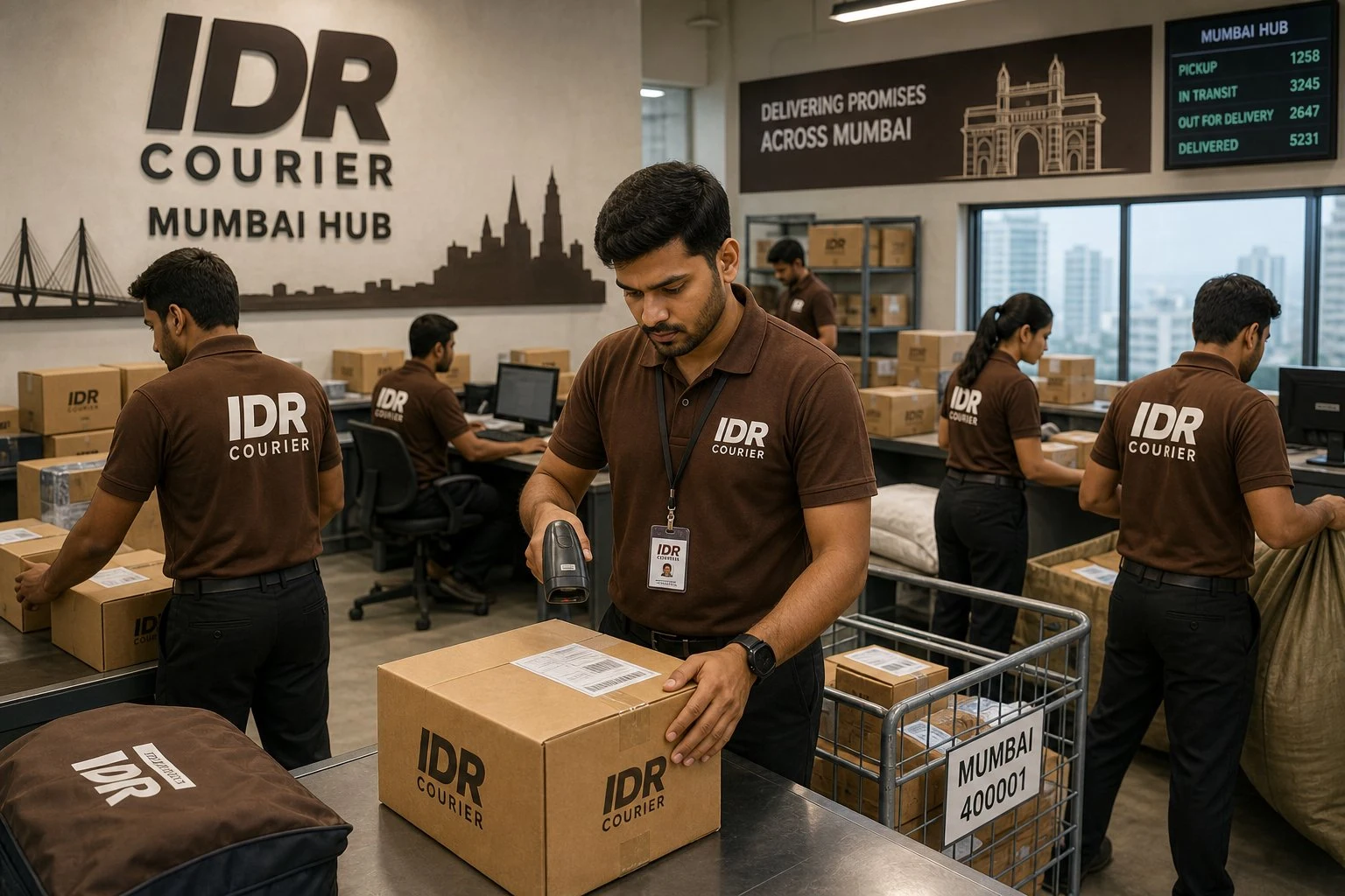 Household size and weight guide - IDR Courier staff in black pant brown t-shirt checking boxes