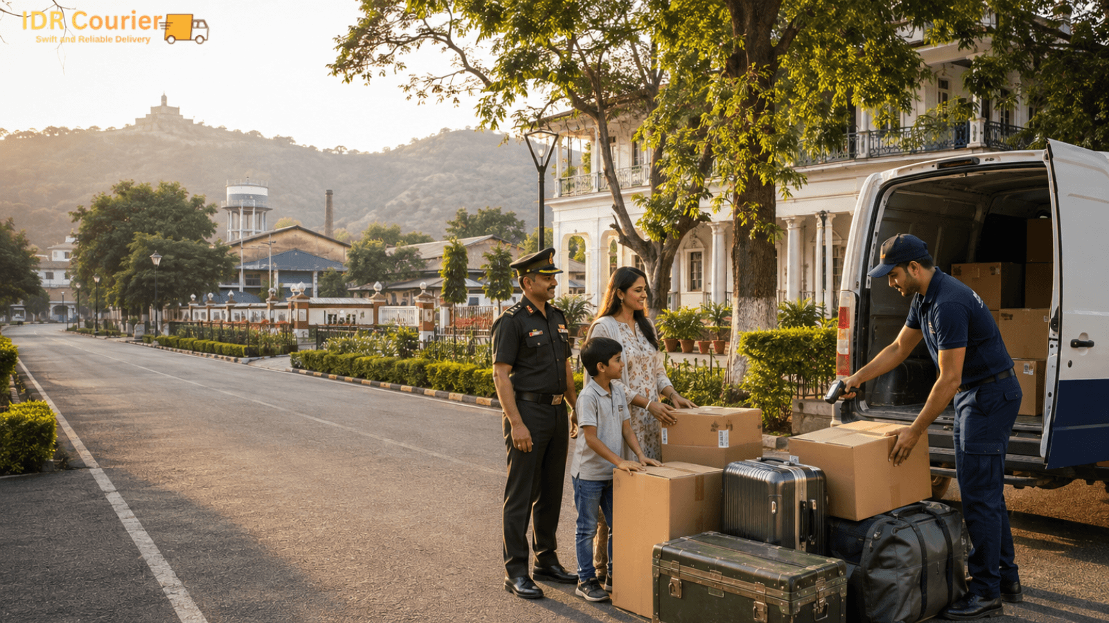 Courier executive scanning and collecting a sealed parcel during doorstep pickup in Jabalpur Cantt