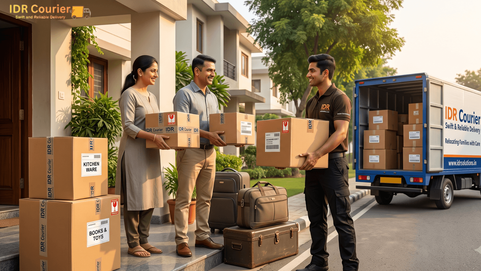 Courier executive collecting a securely packed household parcel at a doorstep pickup in Jalandhar Cantt