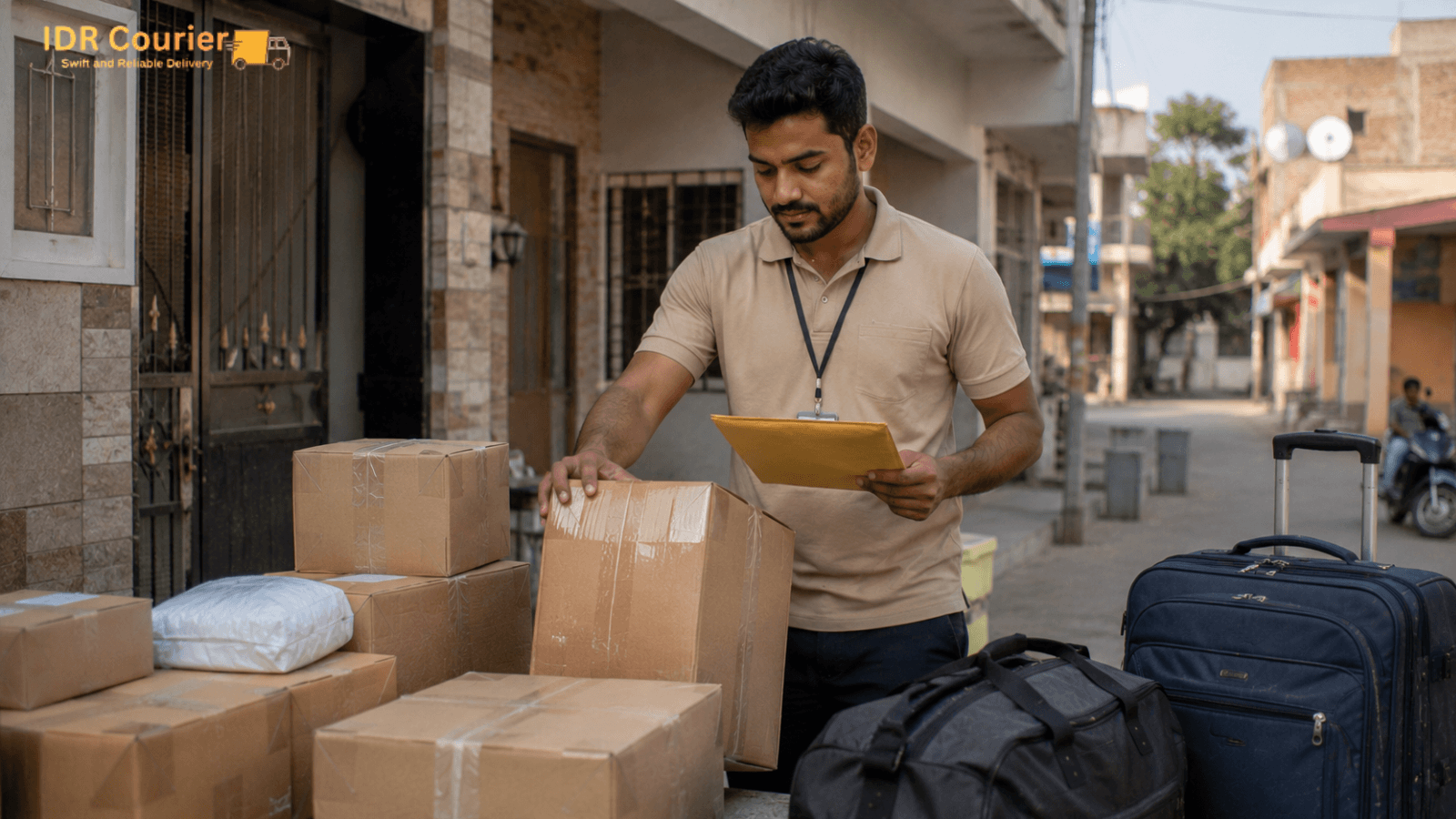Doorstep courier pickup from a home in Jaora