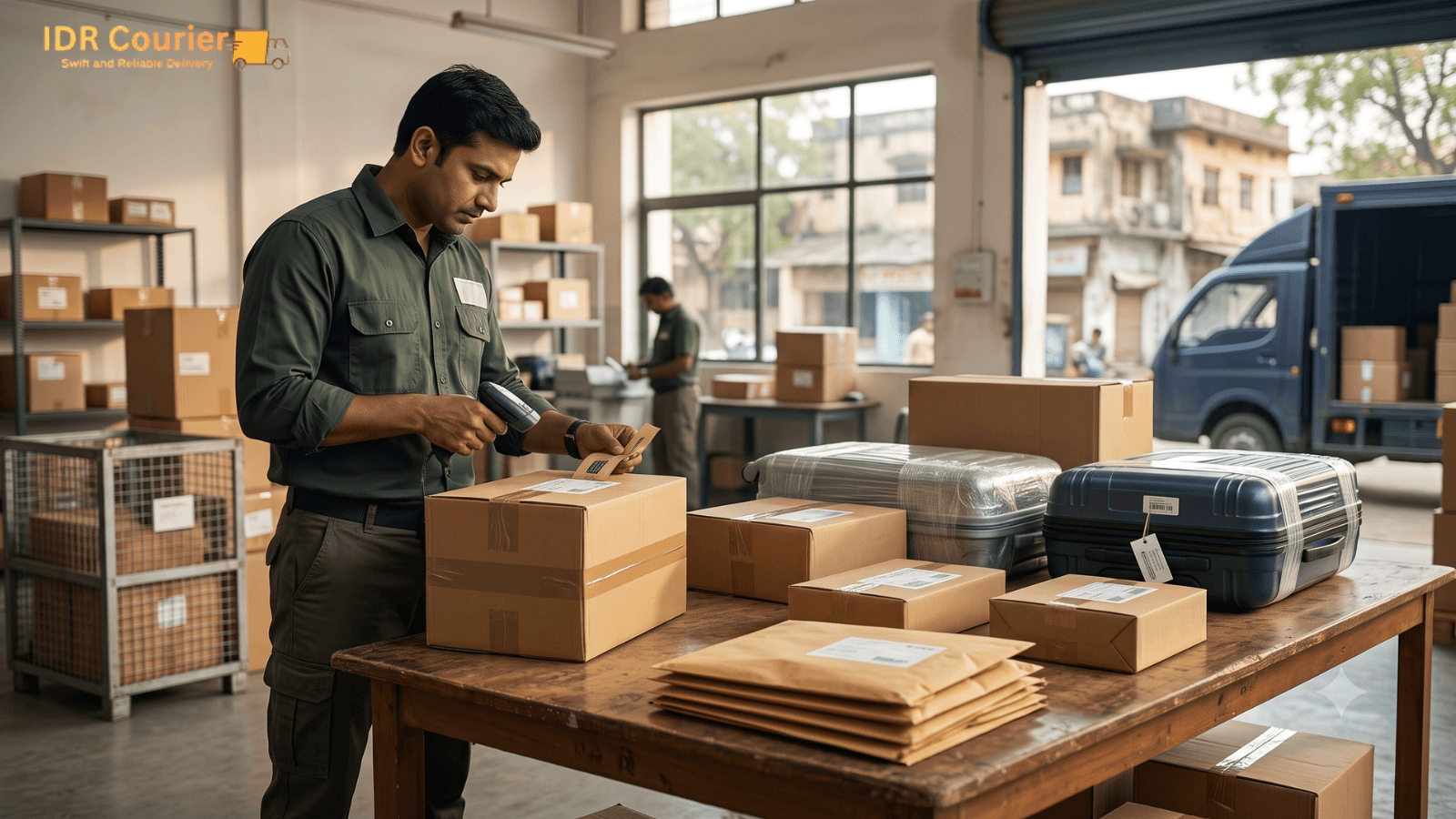 Personal and business parcels being prepared for courier dispatch in Jaora