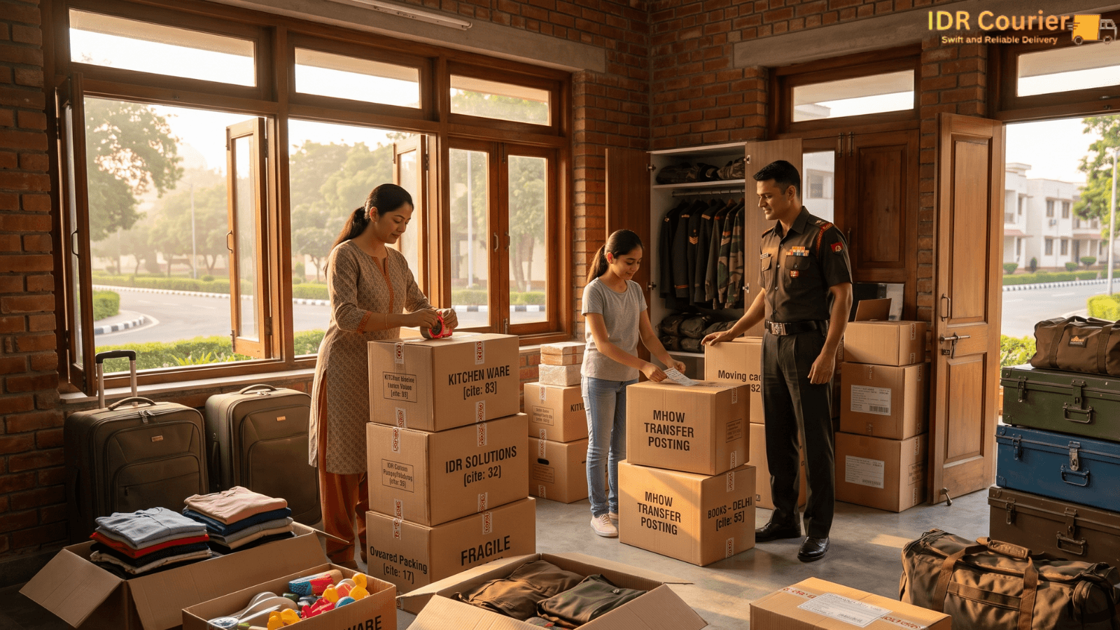 Army family inside their Lucknow Cantt home sorting boxes and belongings ahead of a transfer relocation