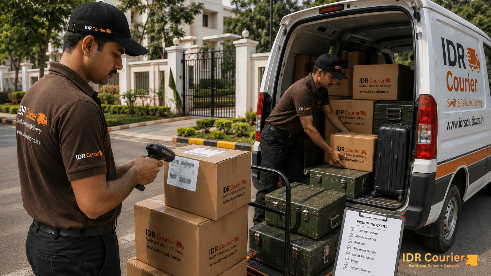 Courier logistics executive loading sealed cartons into a delivery vehicle in Lucknow Cantt
