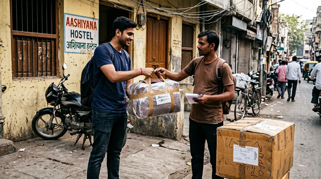 Illustration of a student handing over a packed travel bag for courier pickup