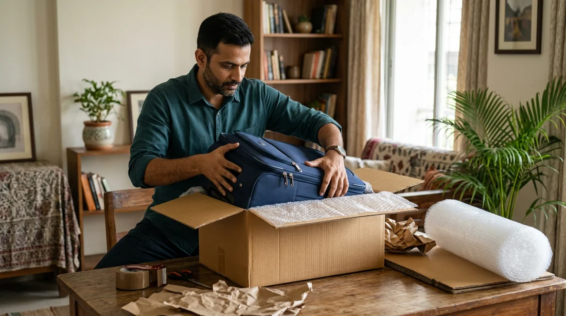 Illustration of a customer packing a suitcase in a carton for luggage courier pickup