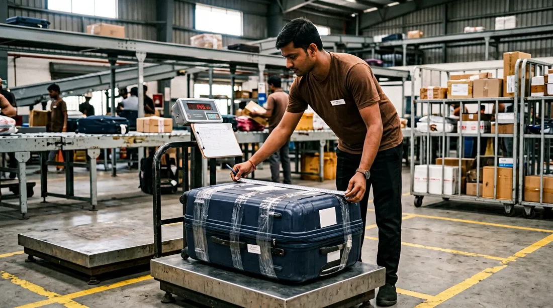 Illustration of a packed suitcase being weighed and measured at a courier hub