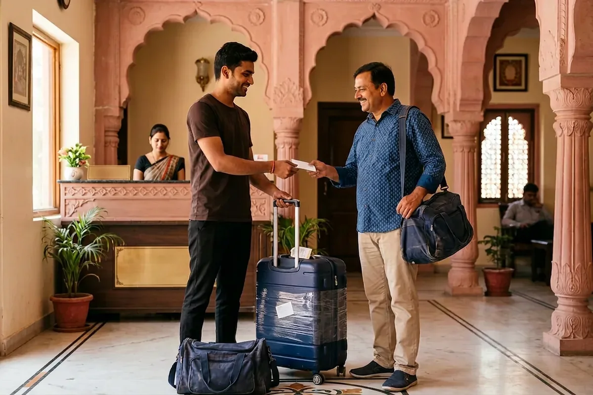 Courier executive collecting packed luggage from a Jaipur hotel
