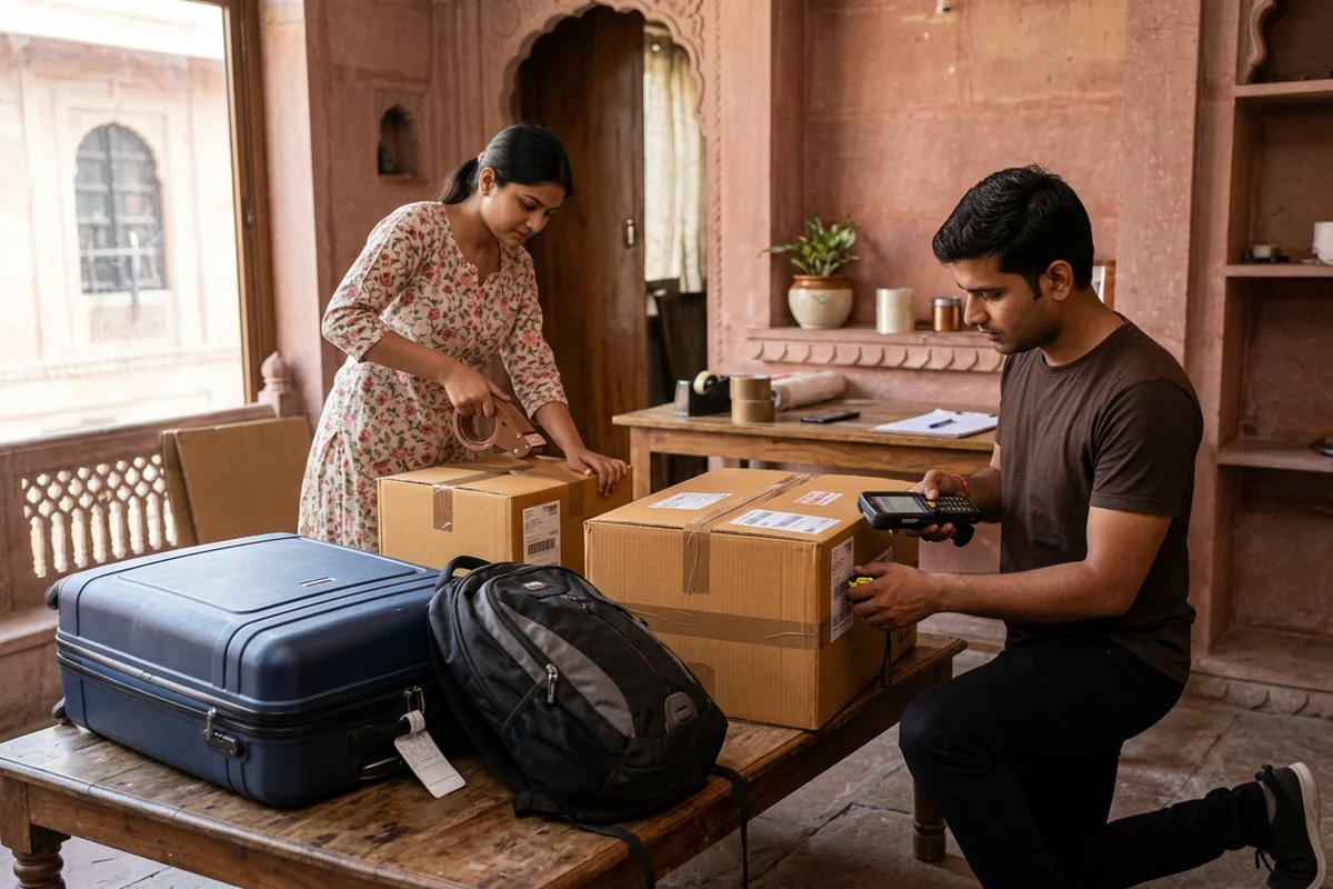 Packed luggage and personal belongings prepared for courier pickup in Jaipur