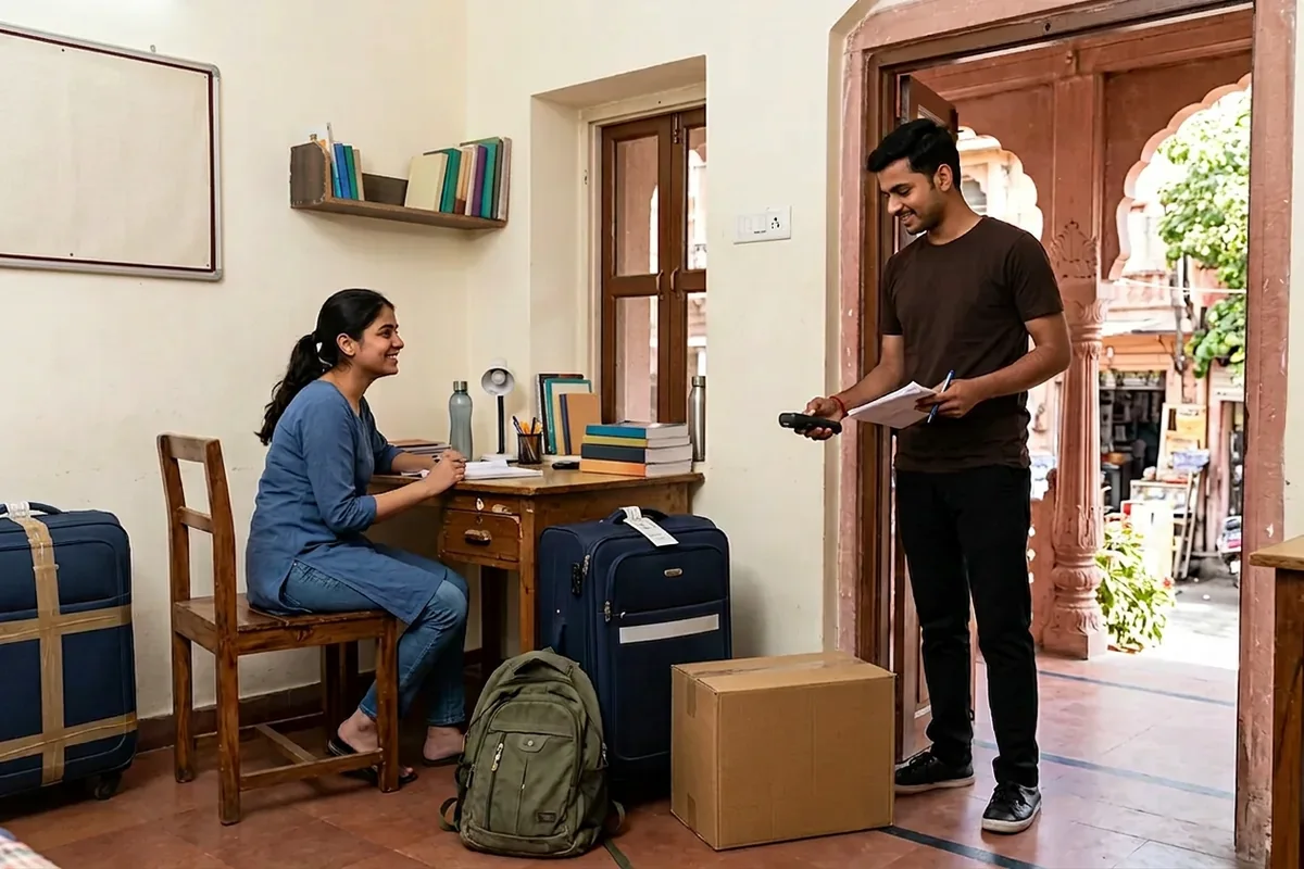 Student preparing luggage for courier pickup from a Jaipur hostel