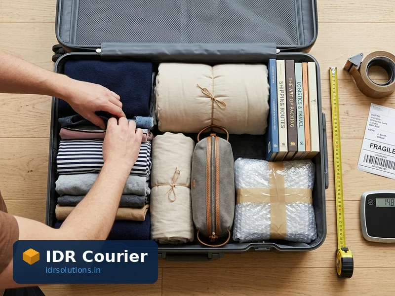 Suitcase being packed with clothes, books and protected personal items for a courier shipment from Khandwa
