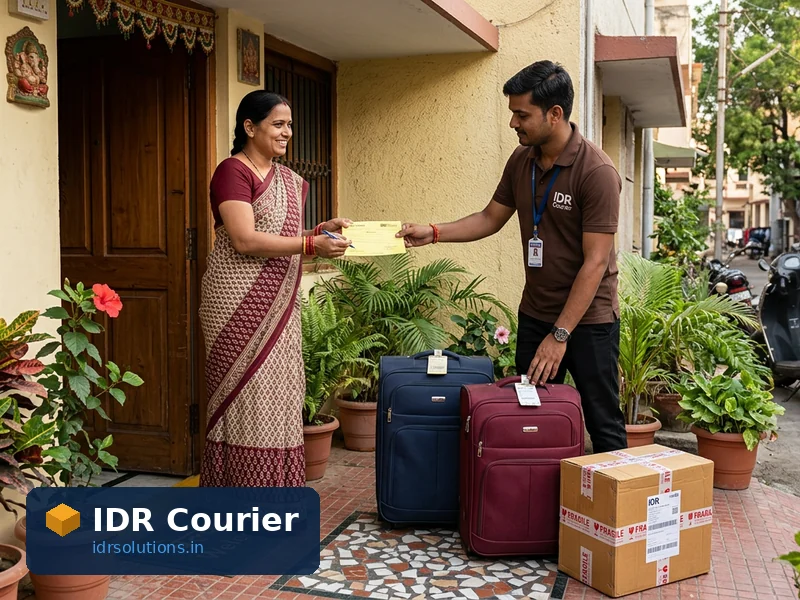 Courier pickup executive collecting packed suitcases from a doorstep address in Khandwa