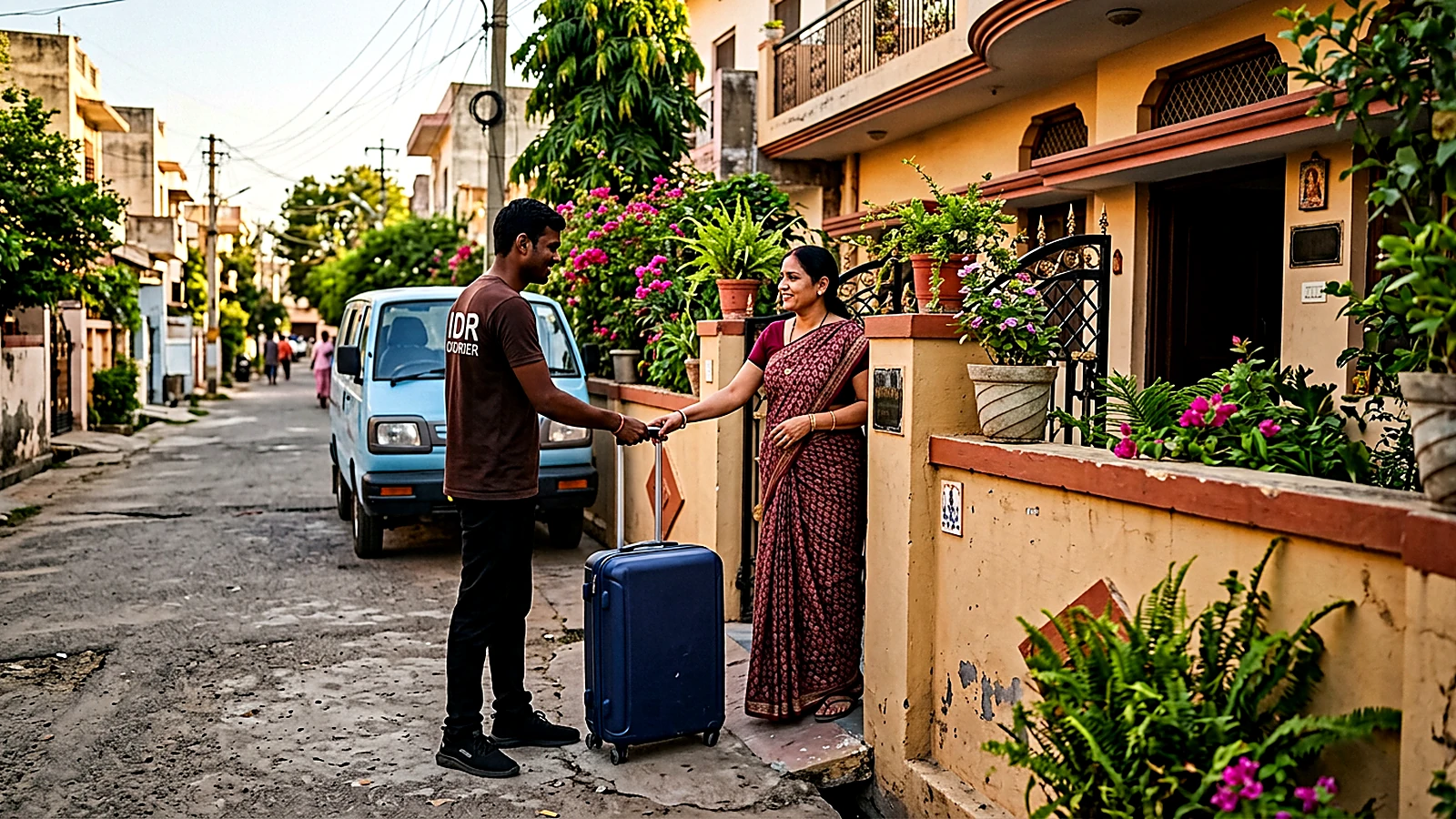 IDR Courier staff delivering a trolley bag at a residential address in Kota