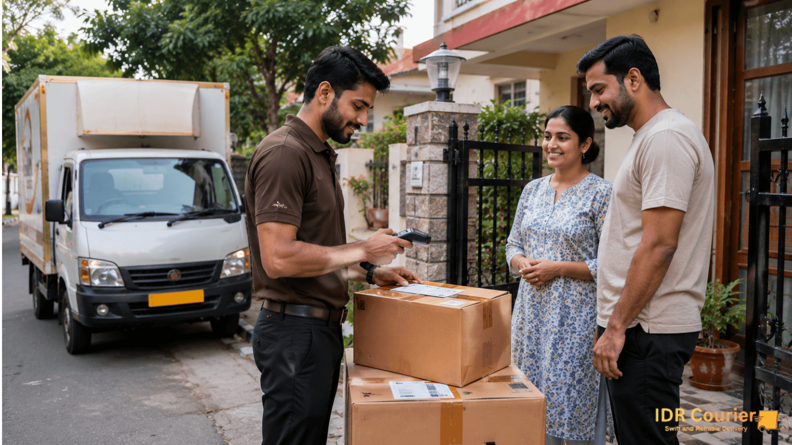 Courier executive collecting a suitcase and backpack from a traveler at a Mumbai apartment entrance