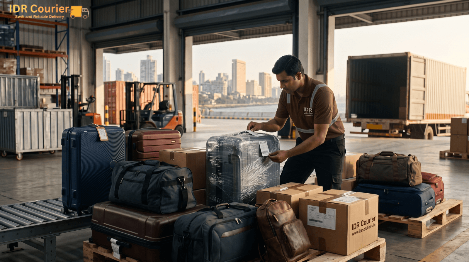 Suitcases and travel bags packed and ready for long-distance courier transport from Mumbai to another Indian city