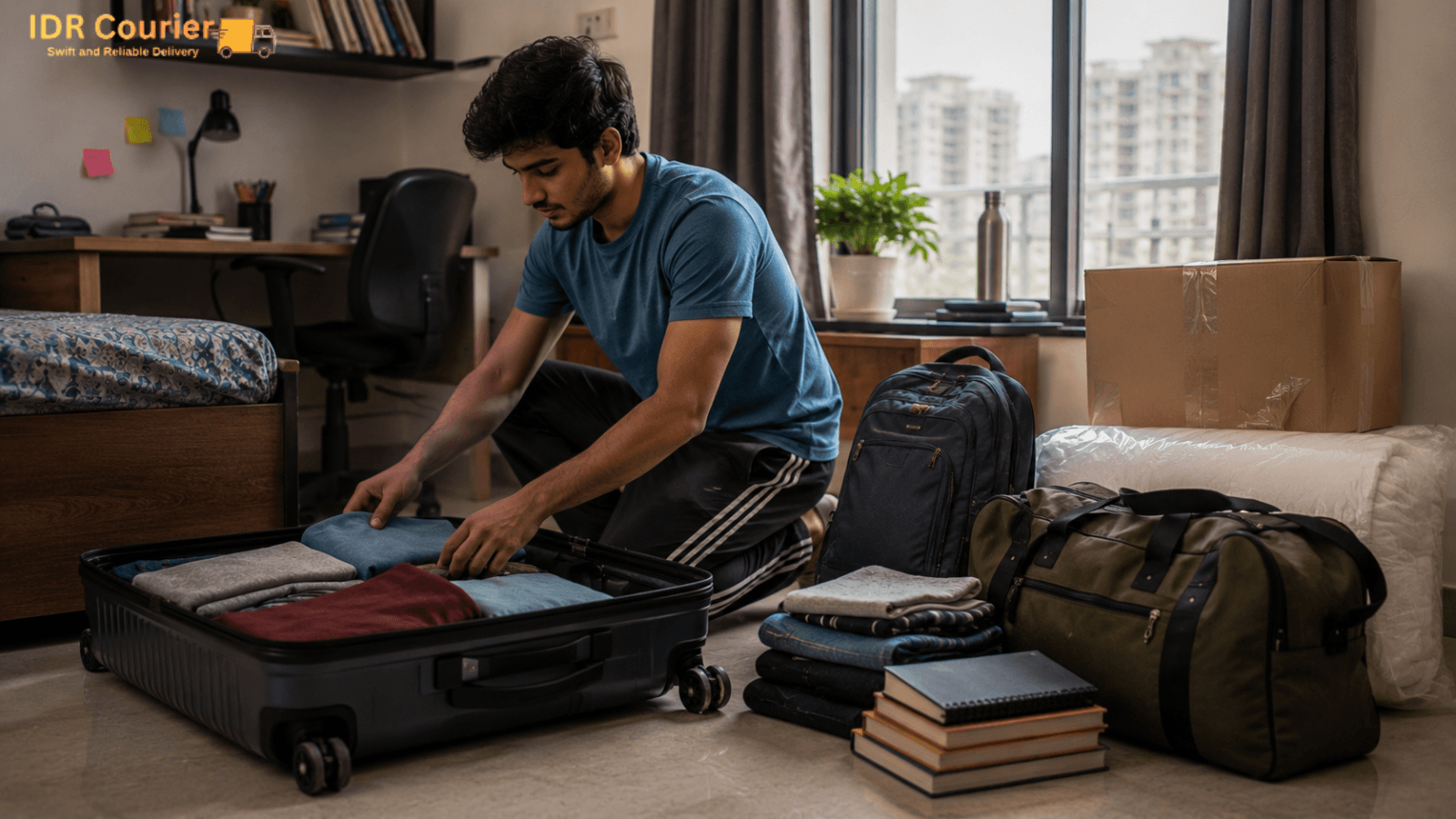 Indian college student packing a suitcase, backpack, books and bedding for courier shipment from a Mumbai hostel