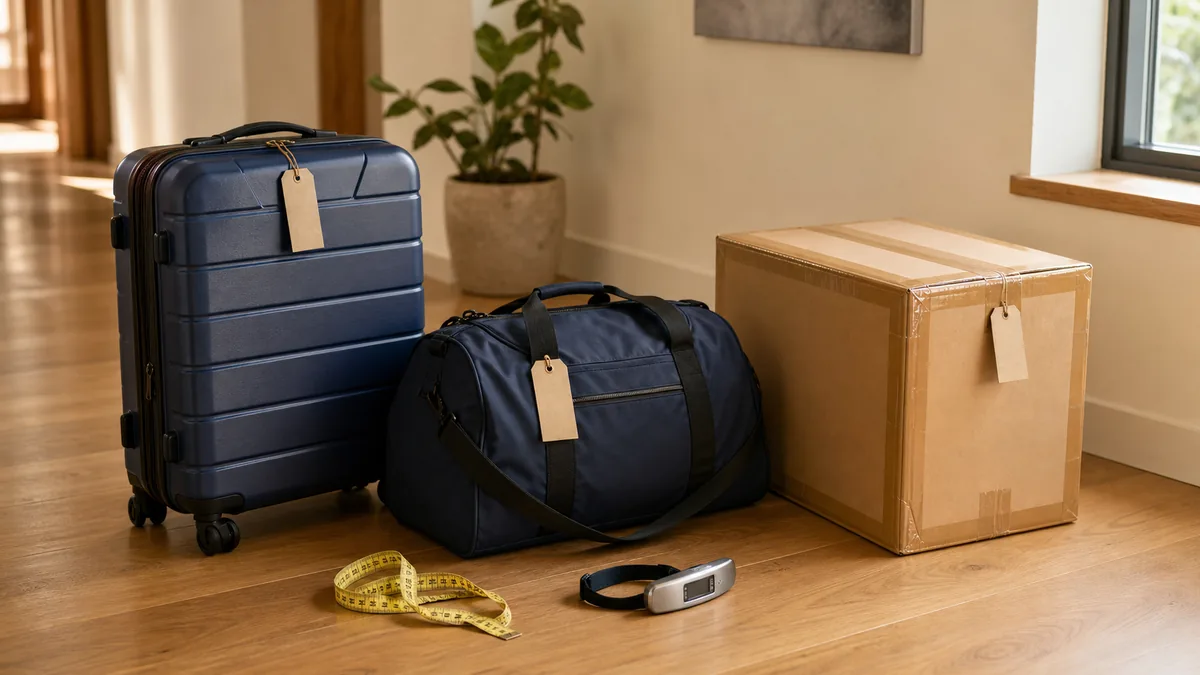 Closed suitcase, duffel bag and sealed carton with measuring tape and luggage scale