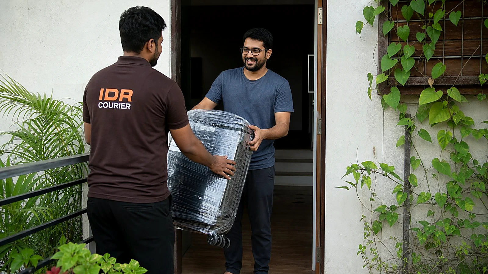 IDR Courier staff delivering a trolley bag at a residential address in Pune