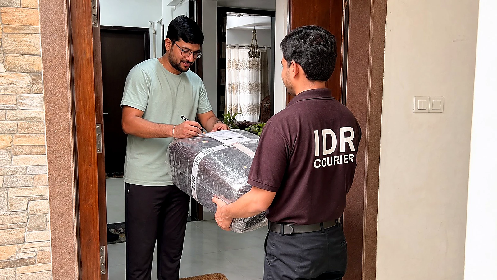 IDR Courier staff carrying a trolley bag and duffel bag from a home in Pune