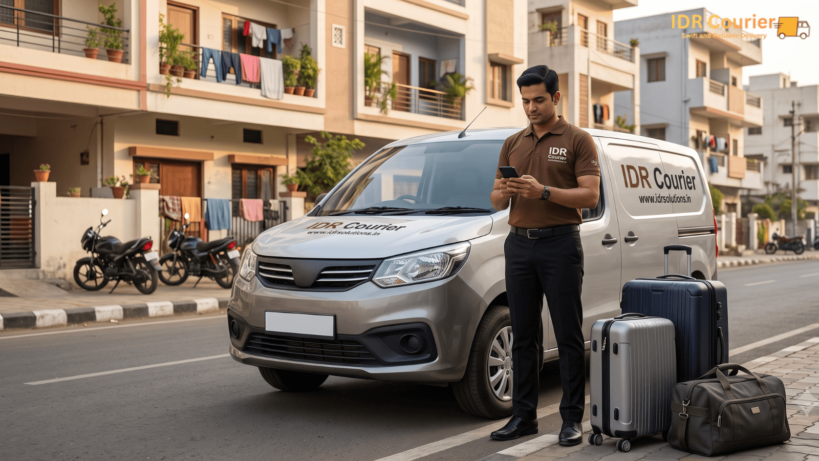 Courier executive delivering a suitcase to a recipient at a home entrance