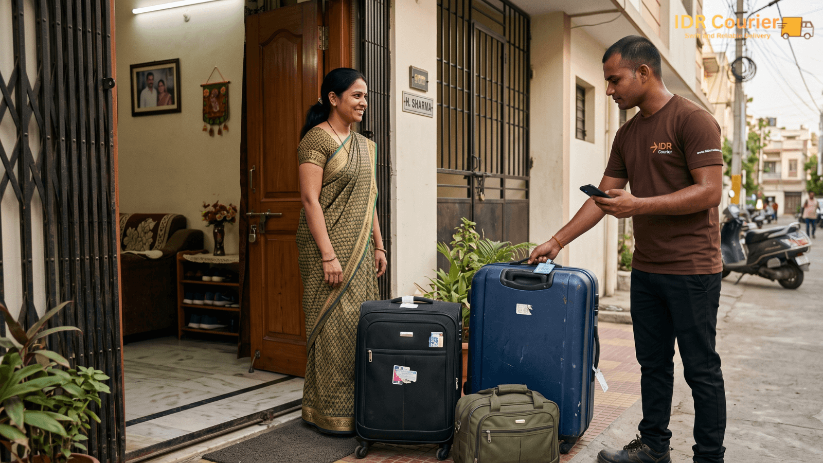 Courier executive collecting a packed suitcase at a doorstep in Ratlam