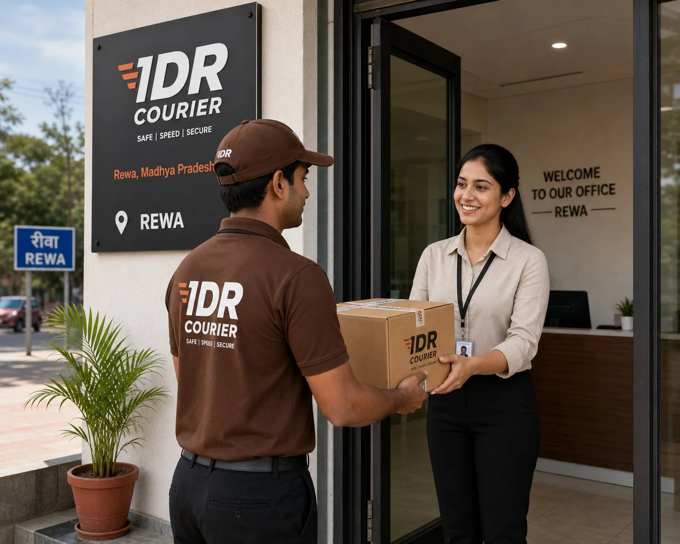 Luggage bag being delivered at destination doorway in Rewa delivery