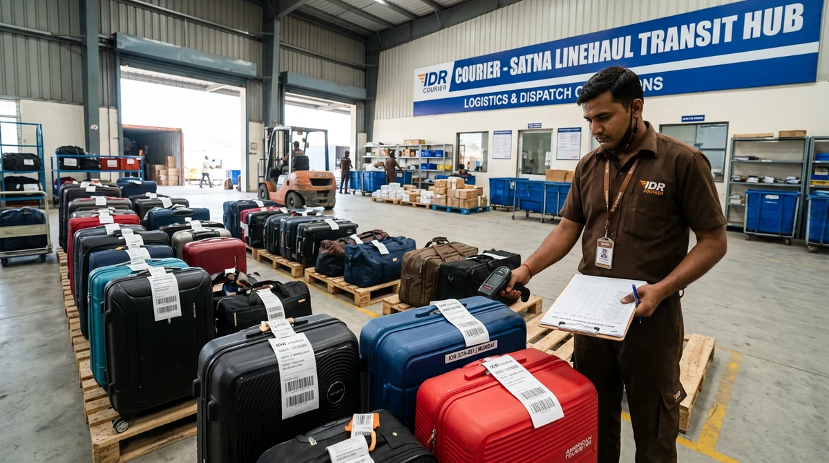 Organized travel suitcases and luggage staged at IDR Courier linehaul transit hub in Satna