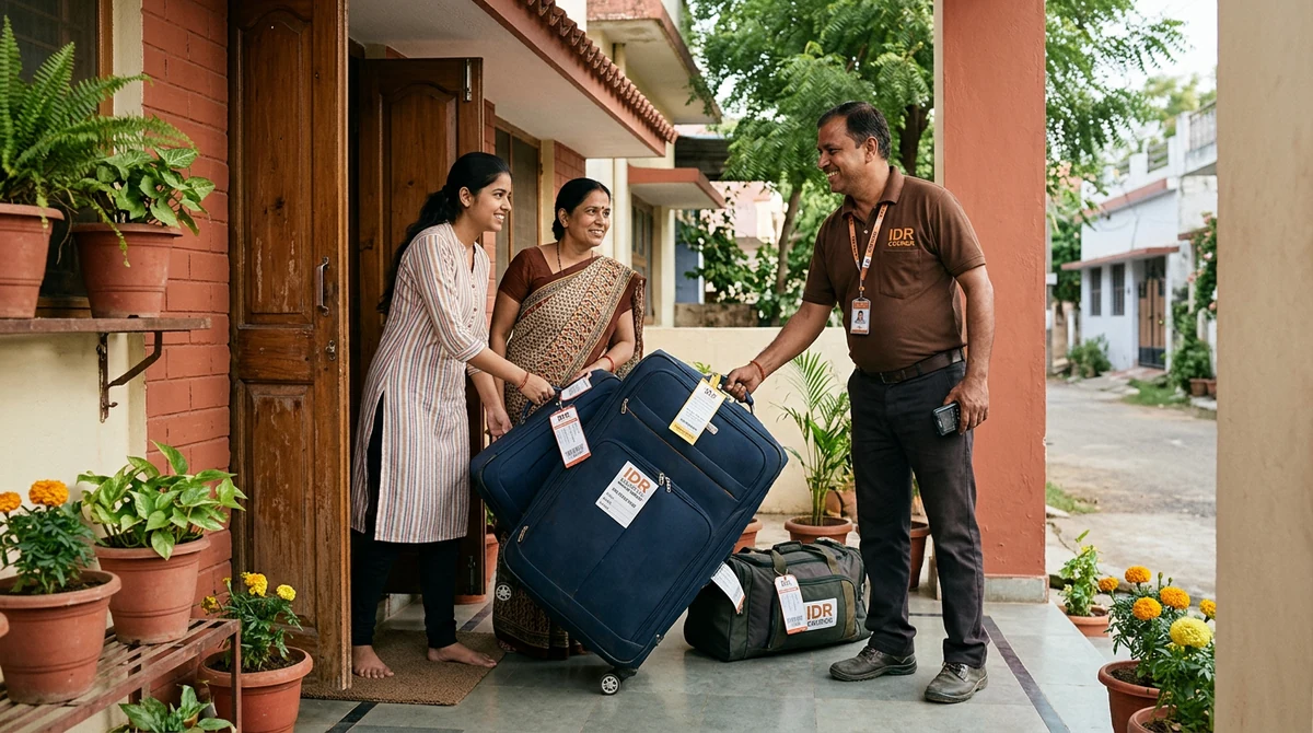 Courier pickup personnel collecting travel luggage and suitcases from family doorstep in Satna