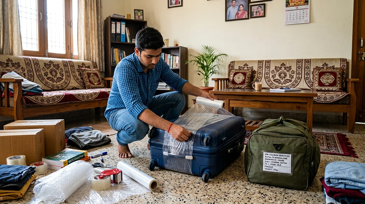 Traveler wrapping a hard-shell suitcase with protective stretch film for courier dispatch in Satna