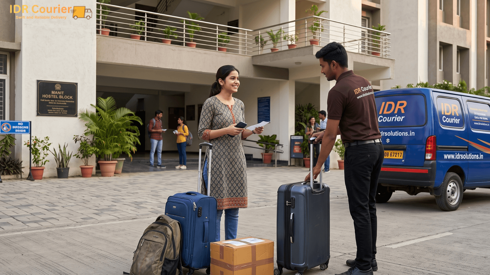 Student handing over hostel luggage bags for courier pickup in Bhopal