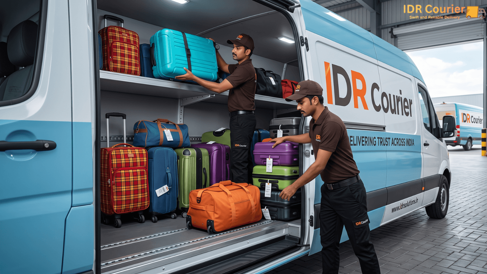 Travel bags and trolley suitcases loaded for courier dispatch from Bhopal