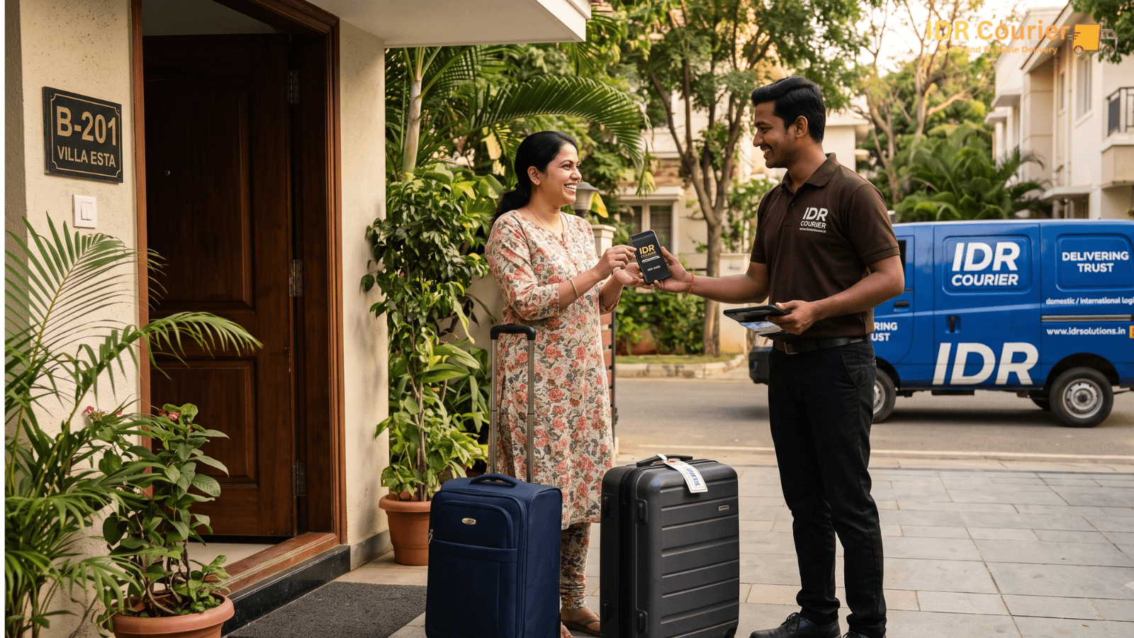 Courier executive delivering luggage at home with OTP verification in Dewas