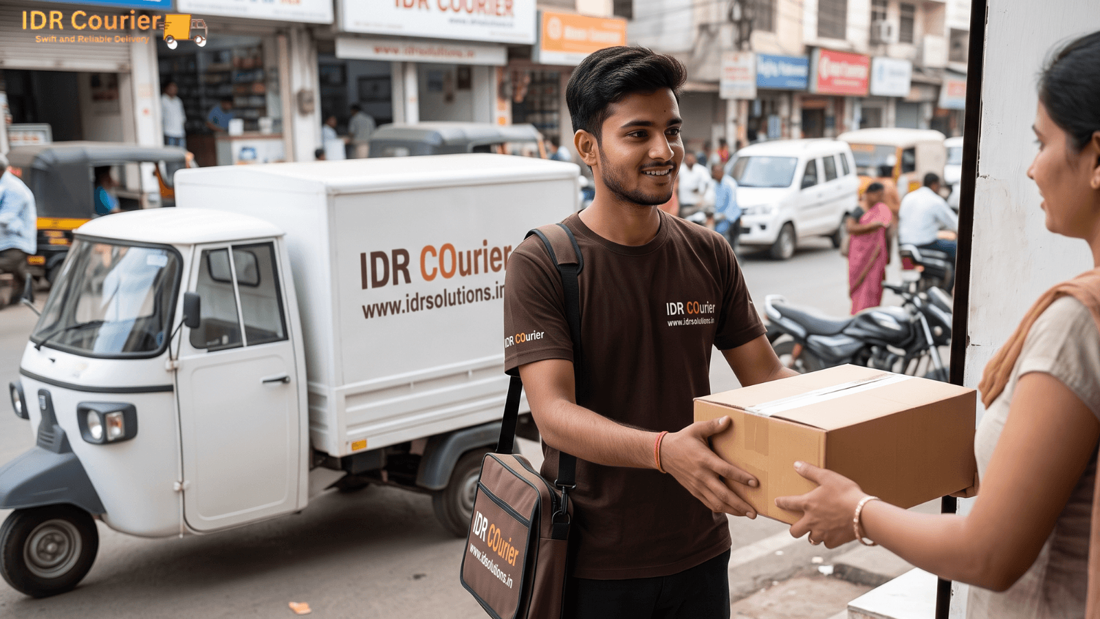Student handing over luggage bags and a suitcase to a courier executive outside a hostel in Dewas
