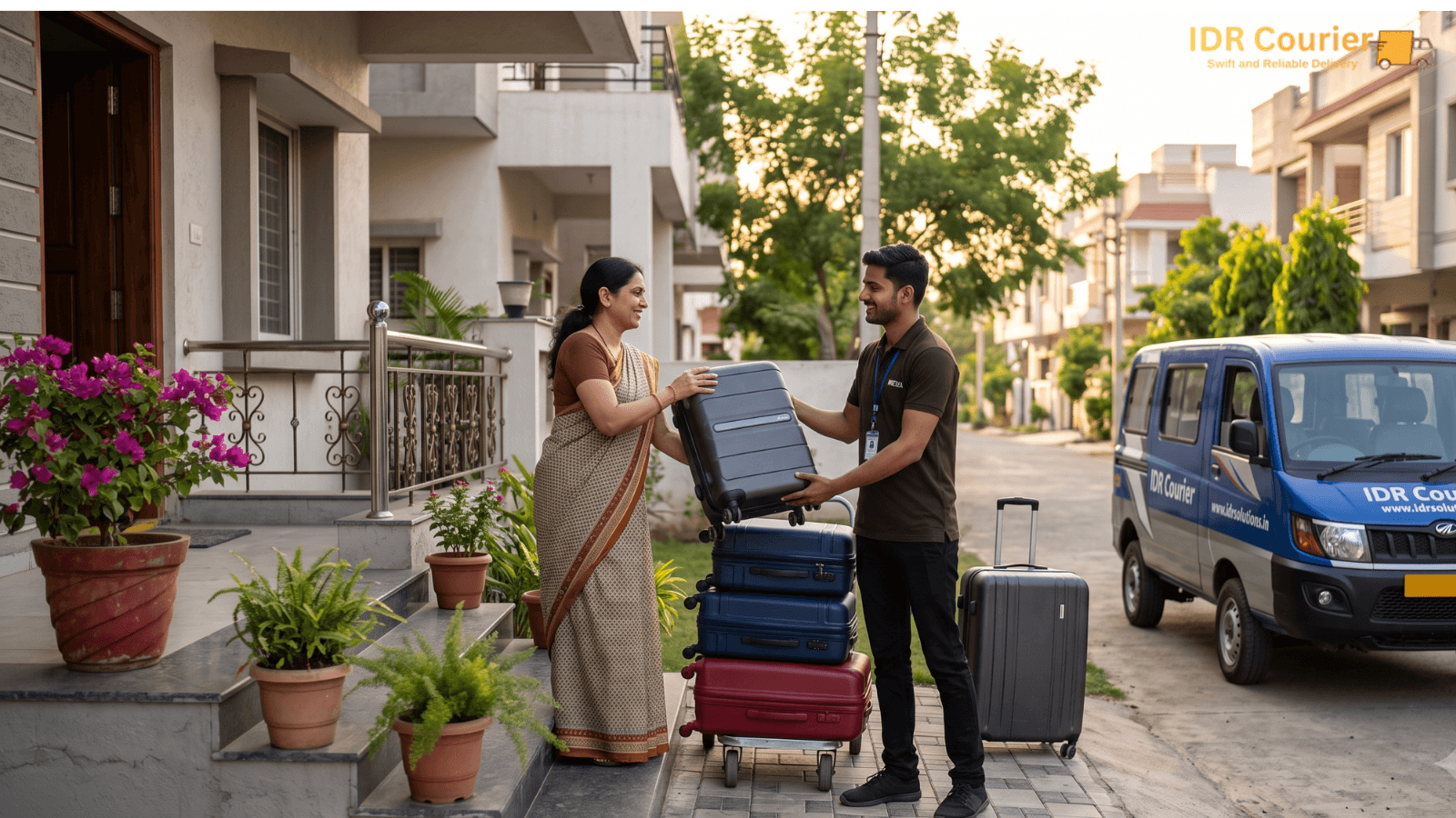 Courier employee loading travel bags and suitcases into a delivery van in Dewas