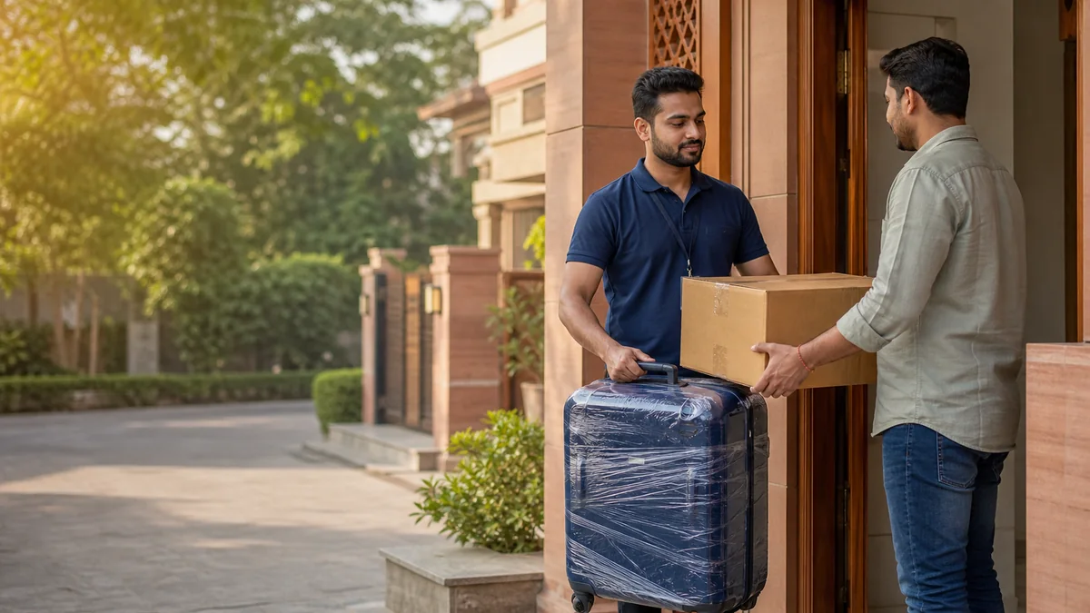 Courier executive collecting a sealed suitcase at a doorstep in Gwalior