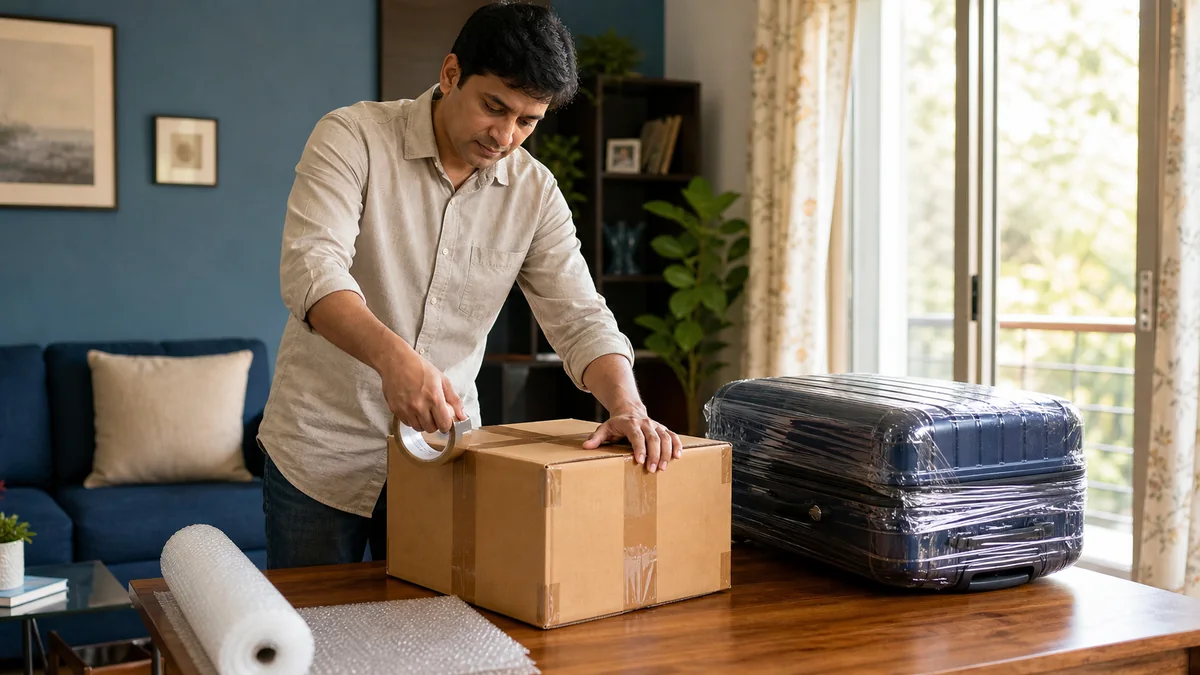 Customer handing a sealed suitcase to a courier executive at an Indian home