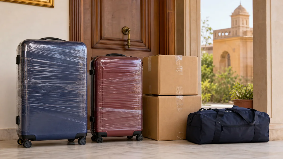 Different types of luggage - suitcases, trolley bags and packed cartons ready for courier pickup in Gwalior